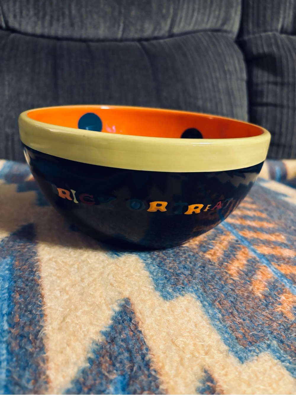 Polka-Dot “Trick or Treat” Ceramic Serving Bowl with Yellow Rim